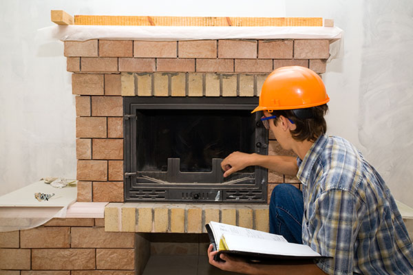 Tech building new fireplace with orange safety hat