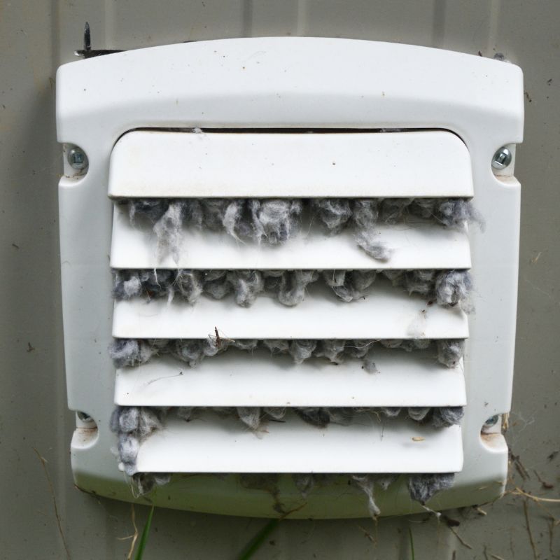 the white outside cap of a dryer vent with lint coming out of it
